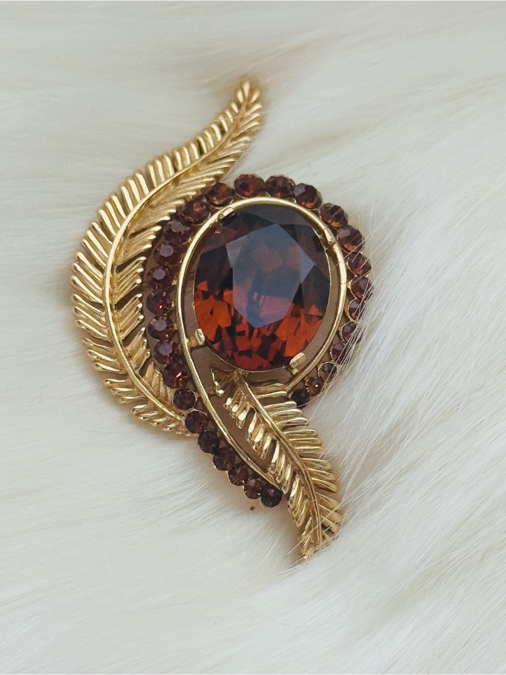 Crown Trifari Gold-Tone Leaf Brooch with Brown Amber Stones